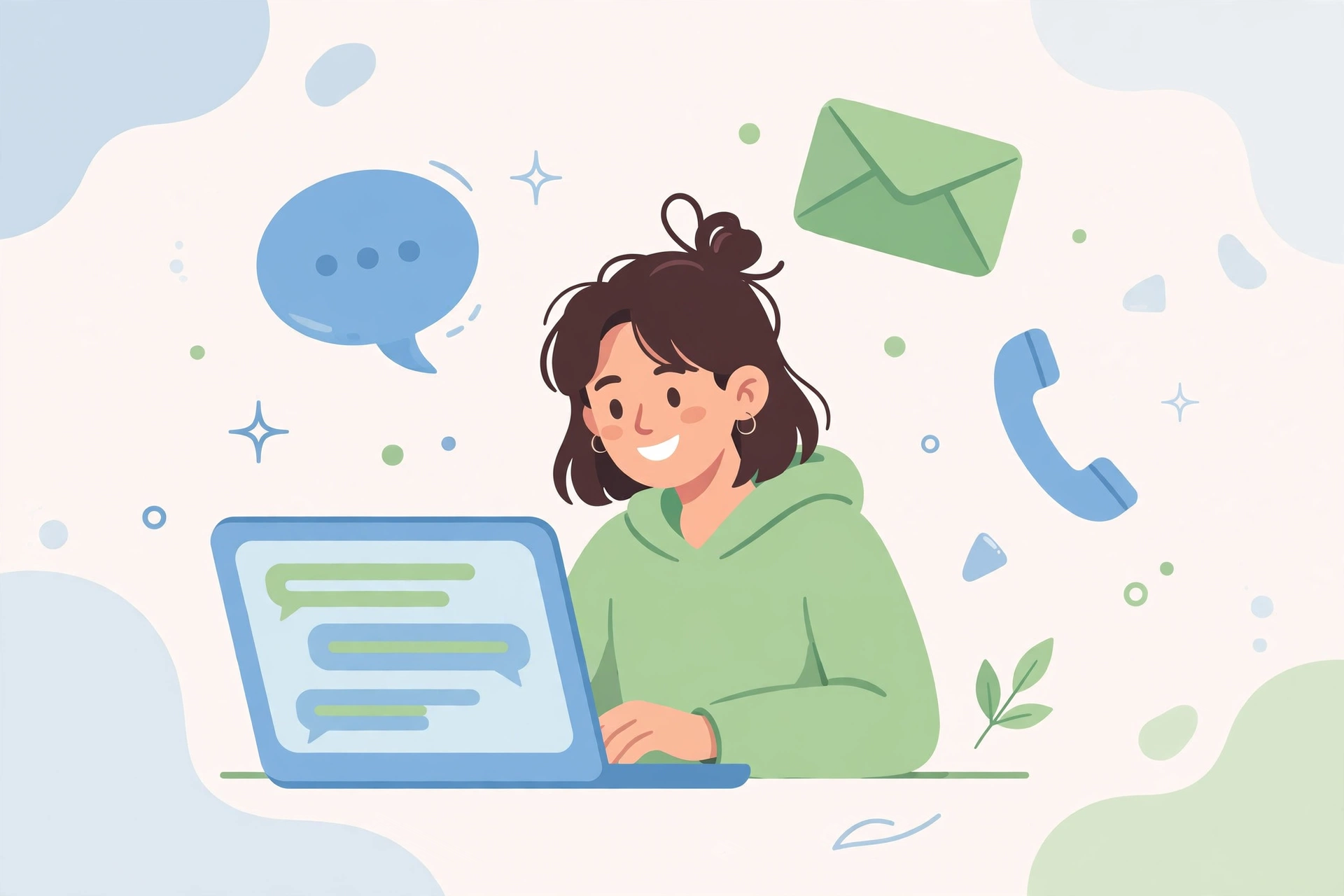 Illustration of contacting SEObyNUR: person at laptop with chat bubbles