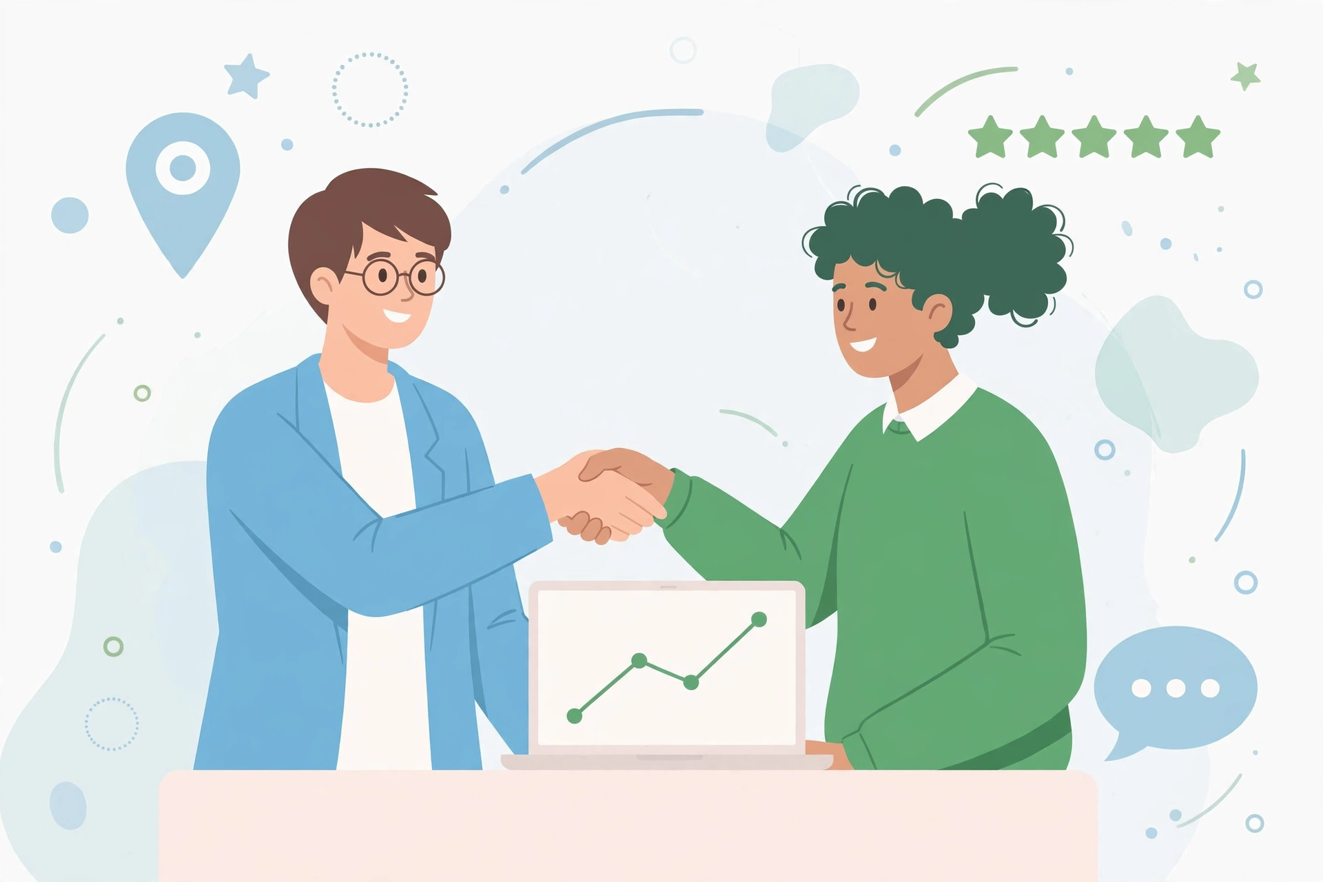 Illustration of starting a project: handshake over desk with laptop and growth chart
